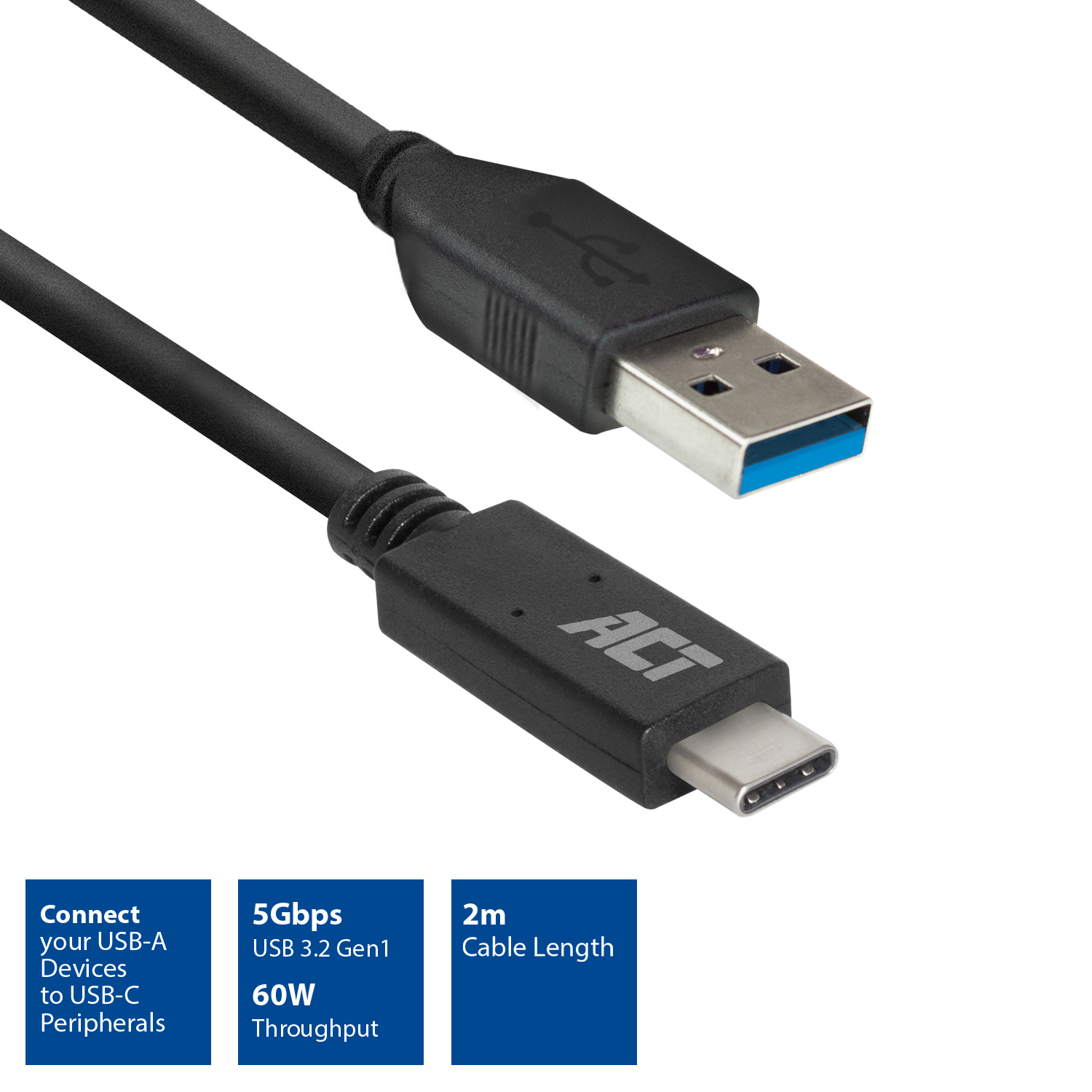 Black USB-A to USB-C cable with blue details.