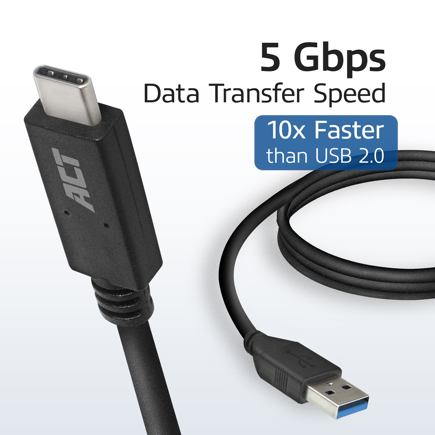 Black USB-C to USB-A cable with text: 5 Gbps data transfer speed.