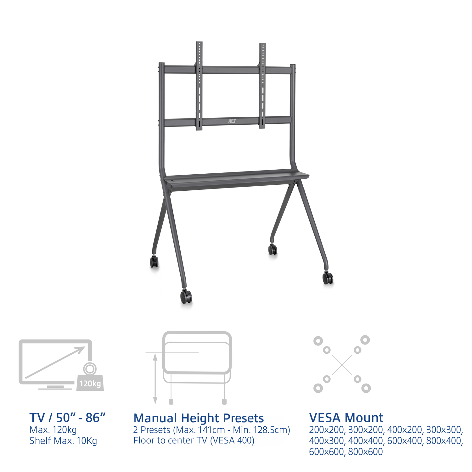ACT Verrijdbare TV/monitor vloersteun 50” tot 86'' VESA AC8372 Verrijdbaar TV meubel Grijs