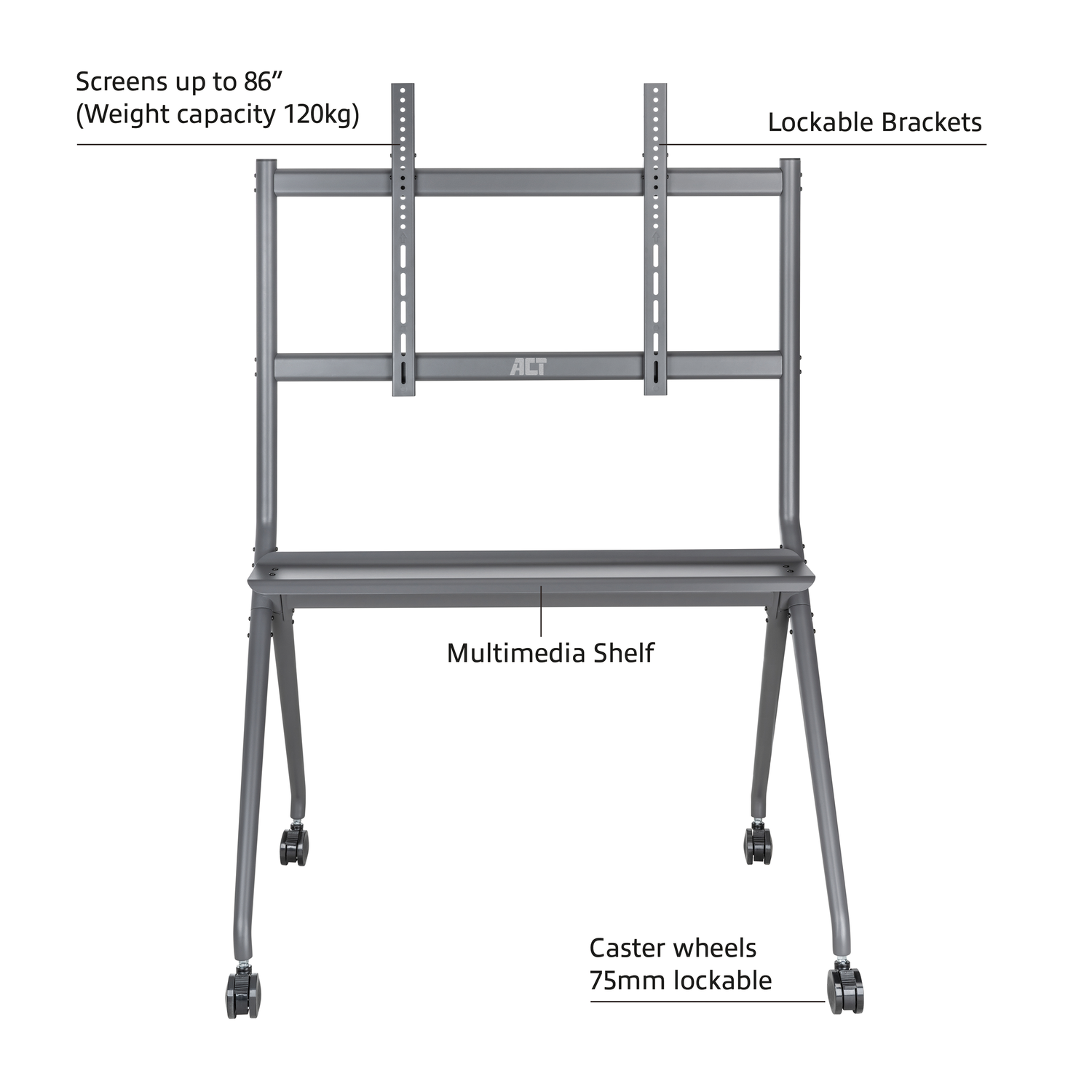 ACT Verrijdbare TV/monitor vloersteun 50” tot 86'' VESA AC8372 Verrijdbaar TV meubel Grijs
