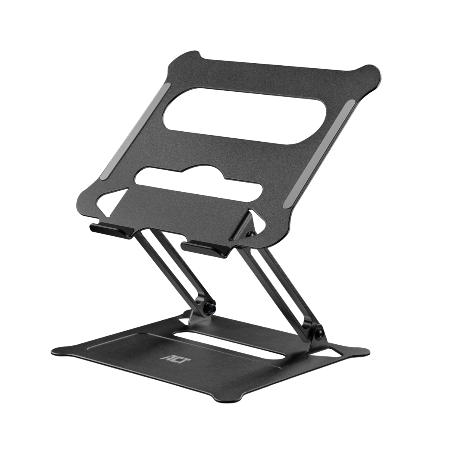 Een zwarte laptopstandaard. De standaard staat in een schuine positie. Het merk ACT is zichtbaar.