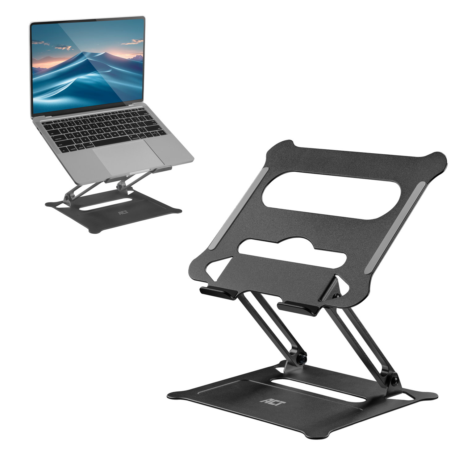 Zwarte laptopstandaard, ondersteunt een zilveren laptop. De standaard heeft verstelbare armen.