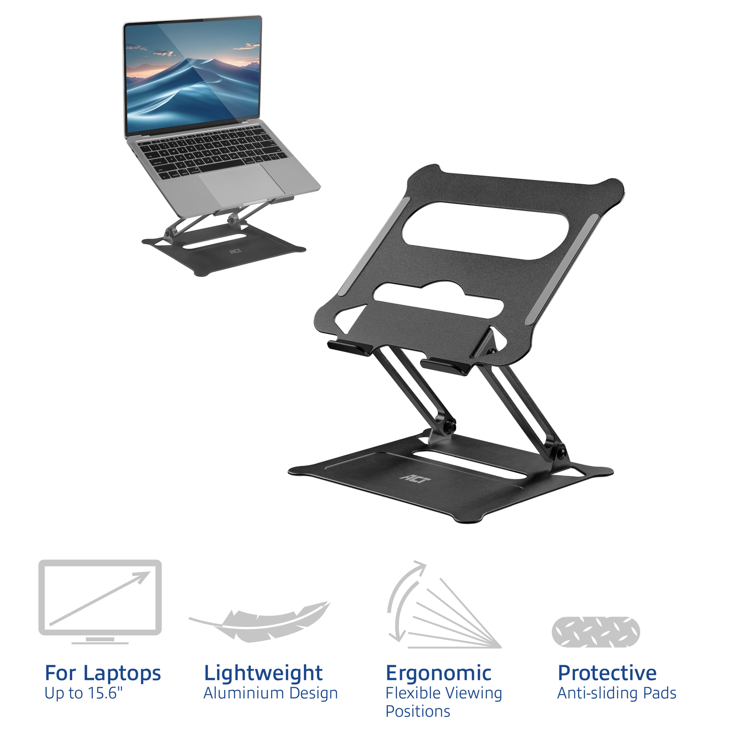 Laptopstandaard in zwart, en pictogrammen die functies aangeven zoals: Voor laptops tot 15,6 inch, Lichtgewicht, Ergonomisch.