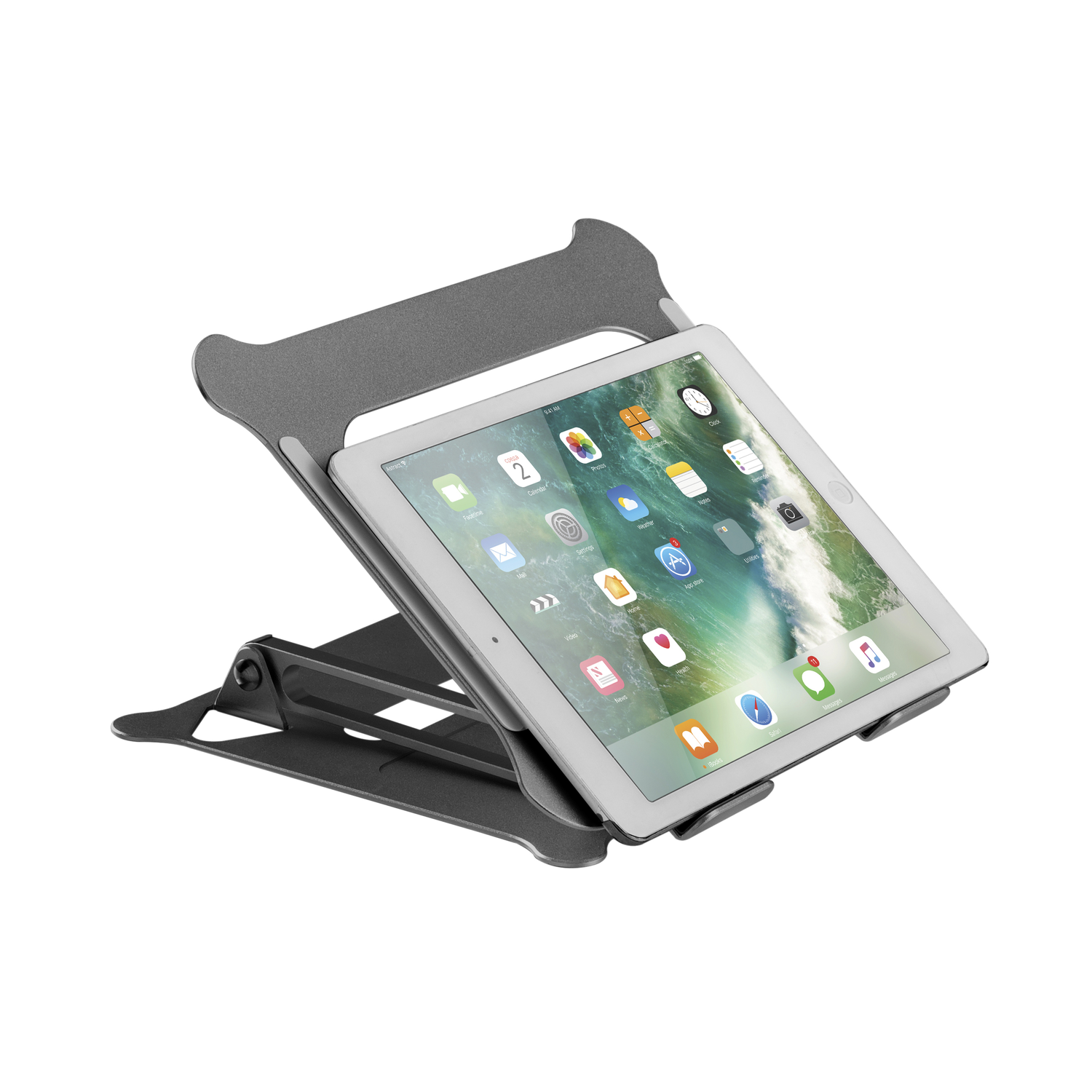 Tablet op een grijze standaard, iets omhoog gekanteld. Wit scherm, donker frame.