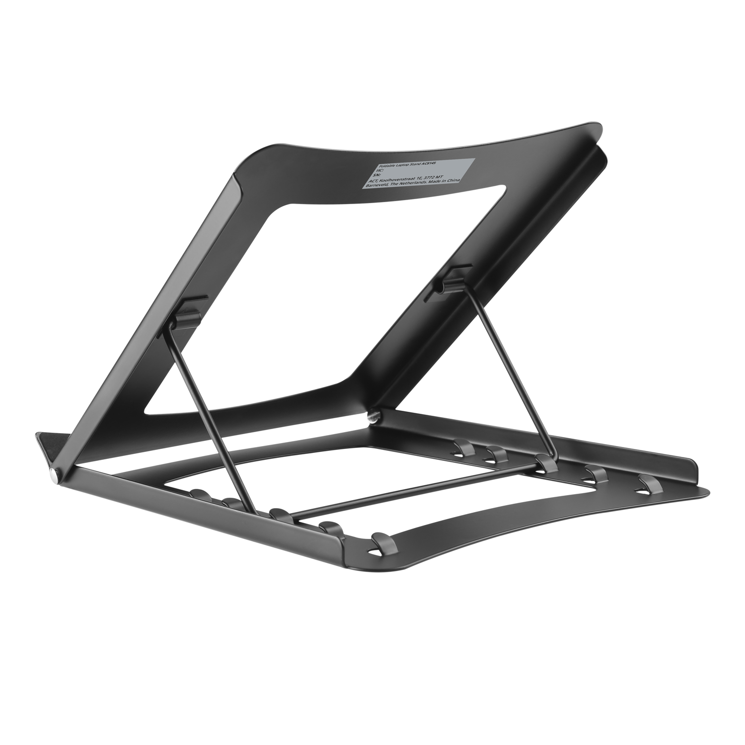 Black laptop stand, angled, with a label. It's a minimalist design on a white surface.