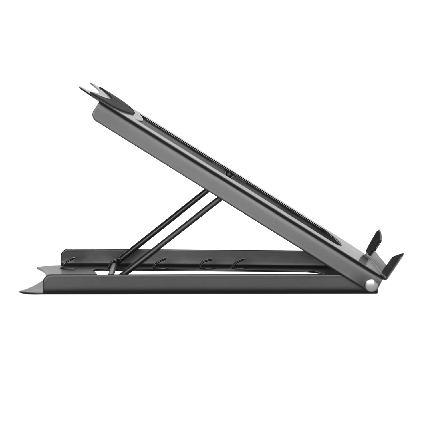 A black laptop stand, angled upwards, showing a side profile.