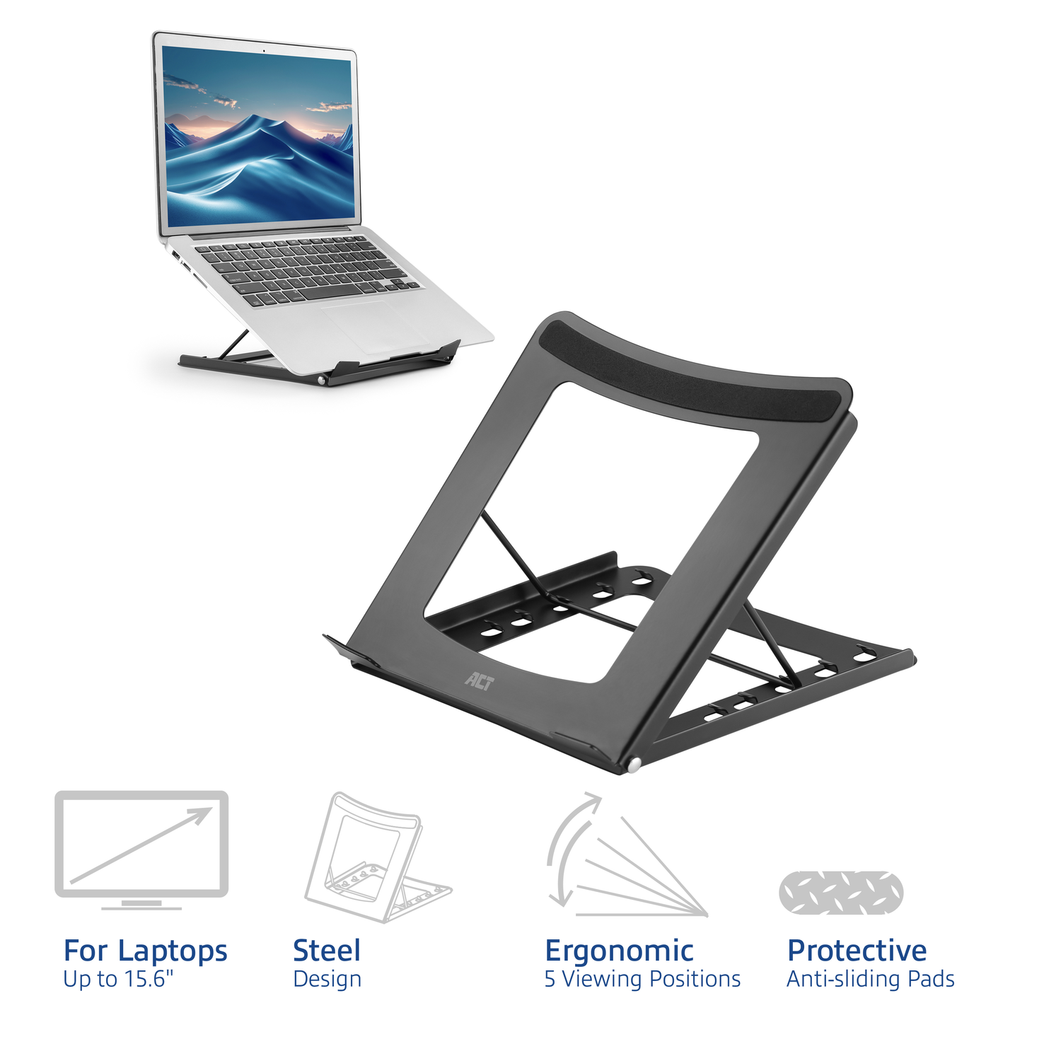 Laptop stand, gray, with a laptop on it. The stand is angled with multiple viewing positions.