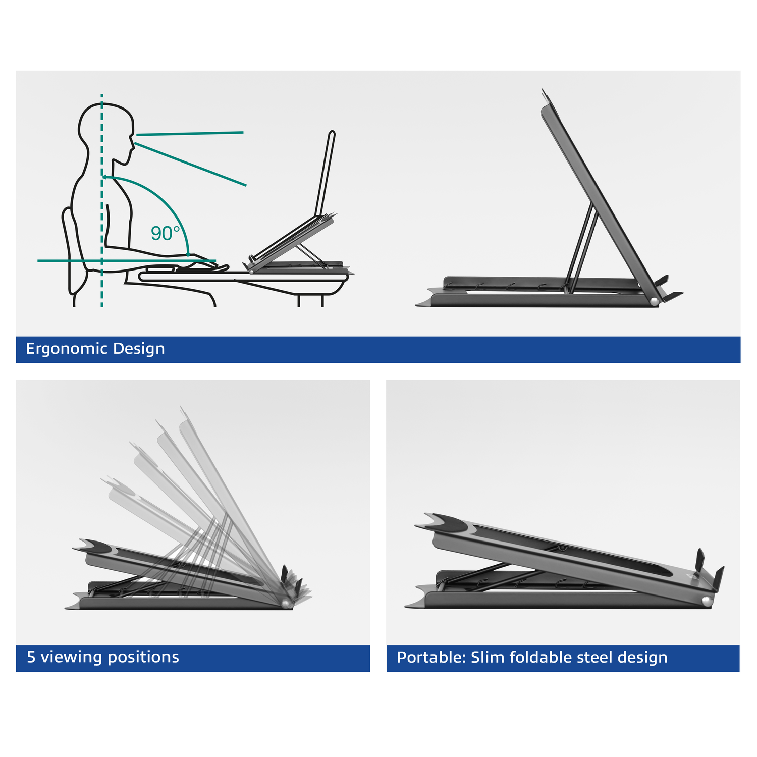 Ergonomic laptop stand in different positions with a person using it.