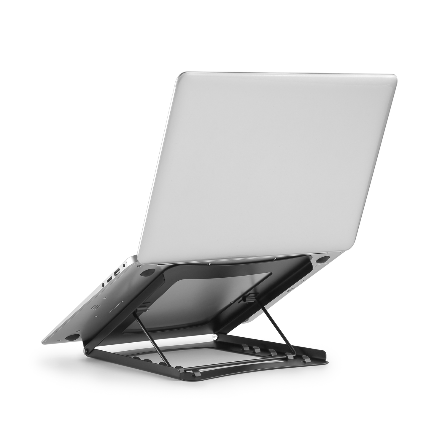 A laptop on a stand, viewed from behind. The laptop is silver and the stand is black.