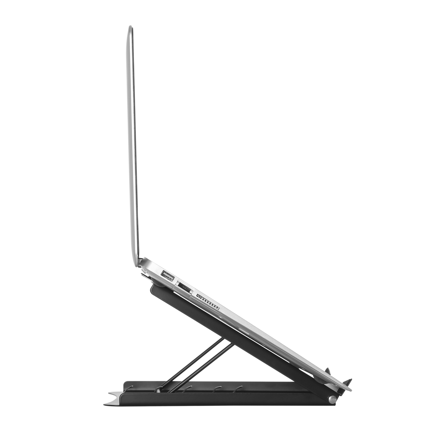 Laptop on a black stand in a side view, white background.