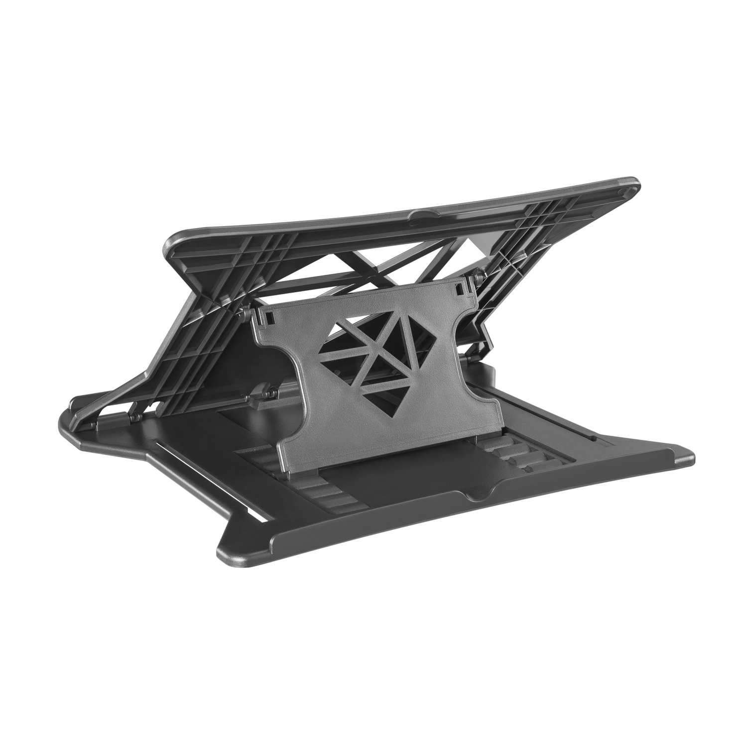 A black laptop stand, open, showing the support structure.