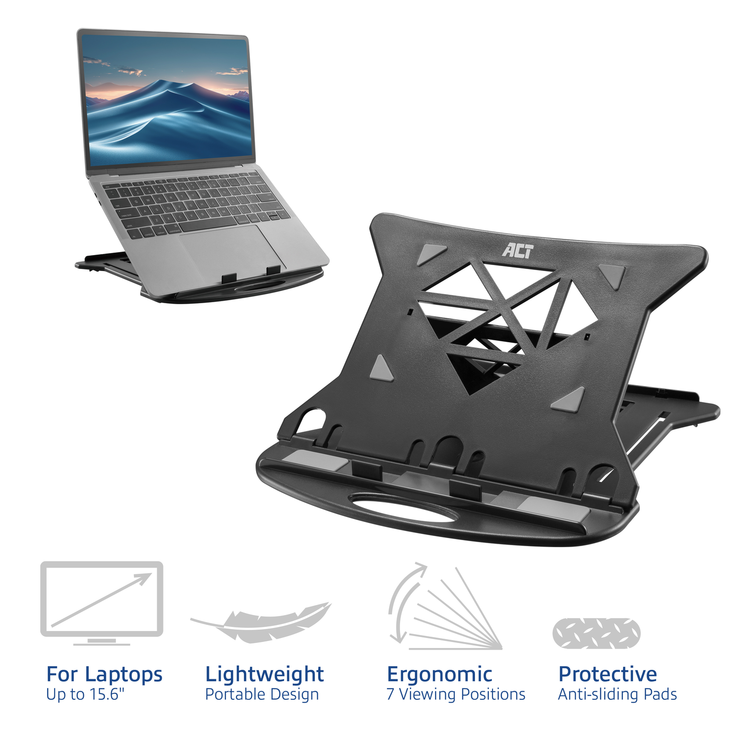 Black laptop stand with a laptop on it, and icons with text below.