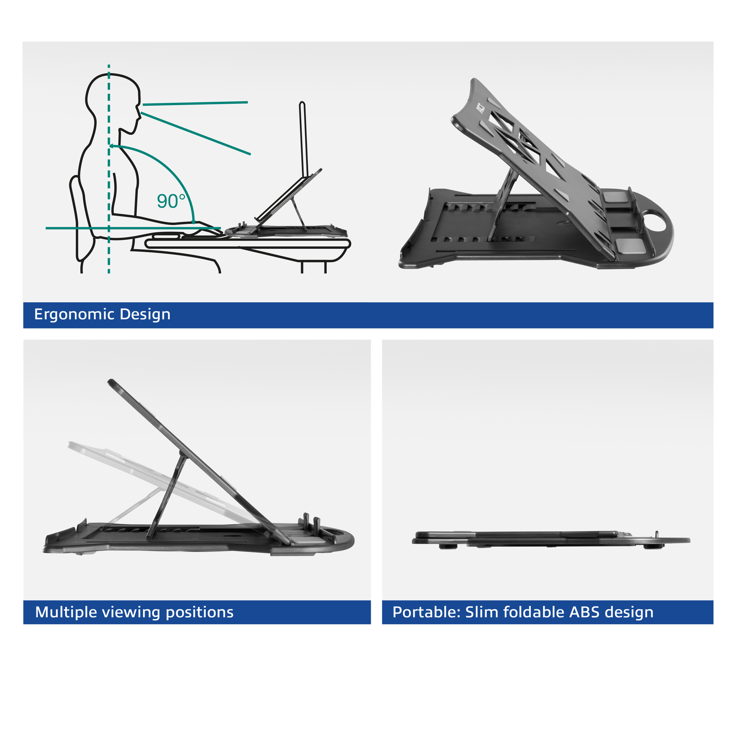 An ergonomic laptop stand, showing different viewing positions and foldable design with diagrams.