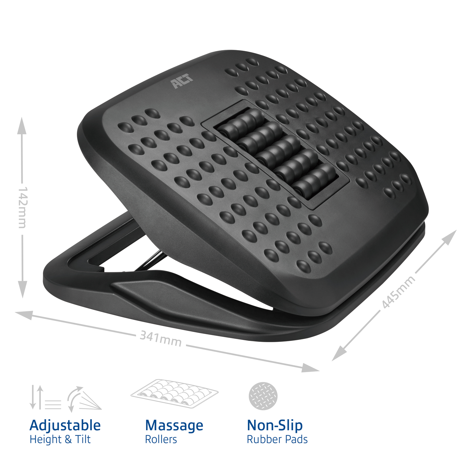 Black footrest with massage rollers and adjustable height. It has non-slip rubber pads.