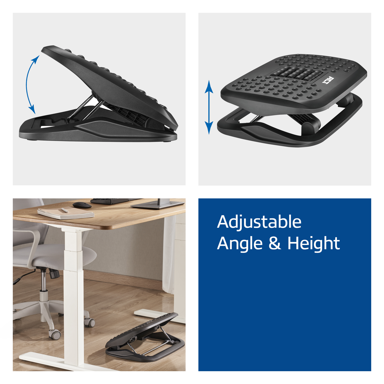 Four images showing adjustable black footrest. Adjustable angle and height are highlighted.
