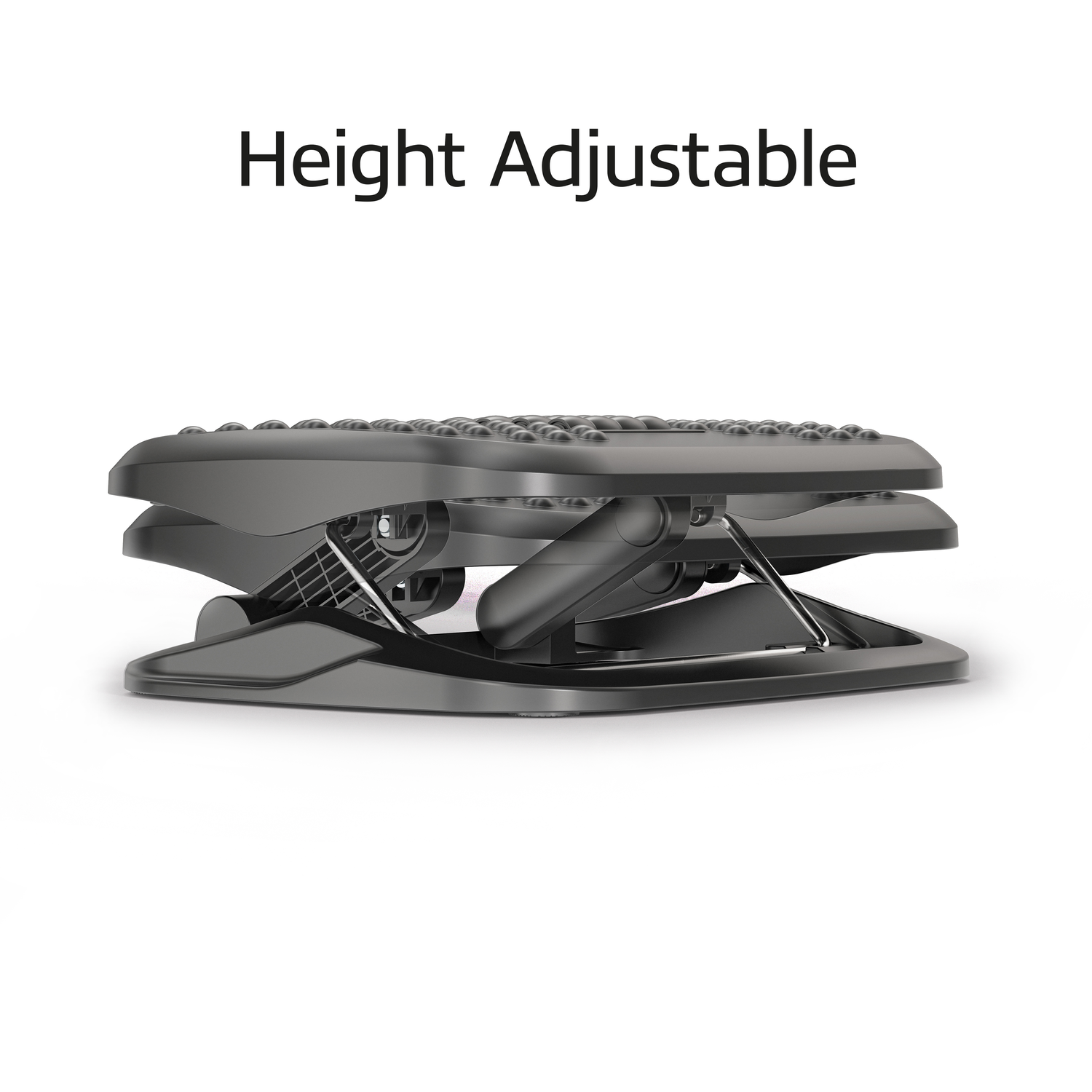 Black foot rest, height adjustable. Textured top surface, white background.