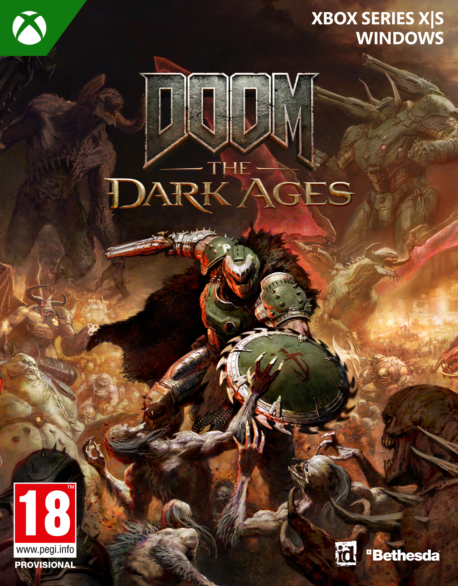 Gamecover: Doom-personage met schild, demonen en tekst "Doom The Dark Ages".
