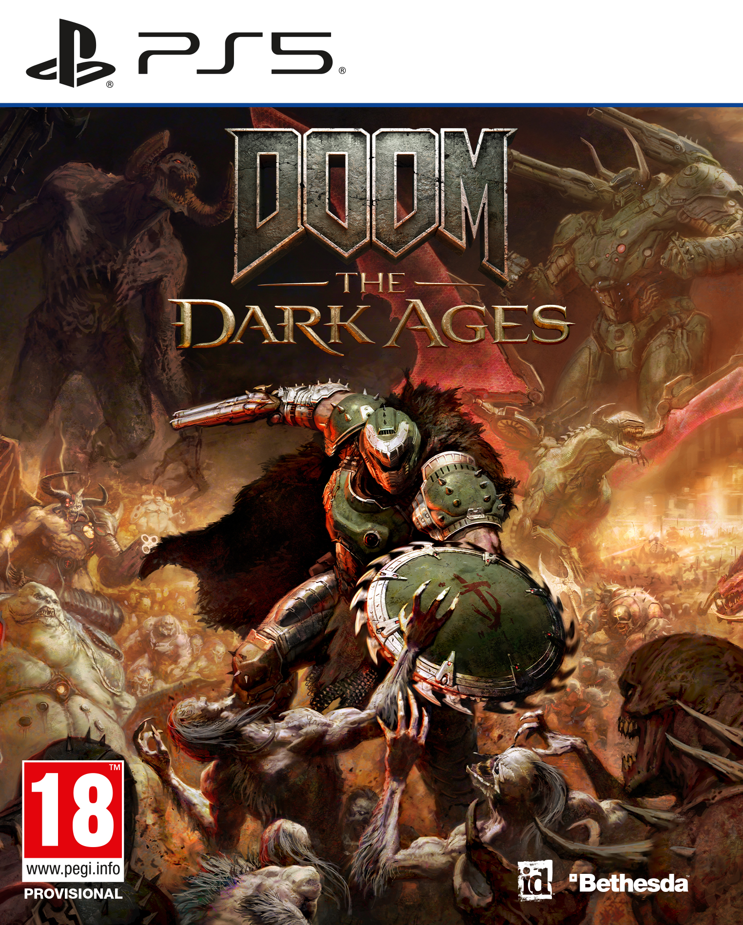 Gamecover: Doom: The Dark Ages. Een krijger in harnas vecht tegen demonen. PS5-logo linksboven, leeftijd 18.