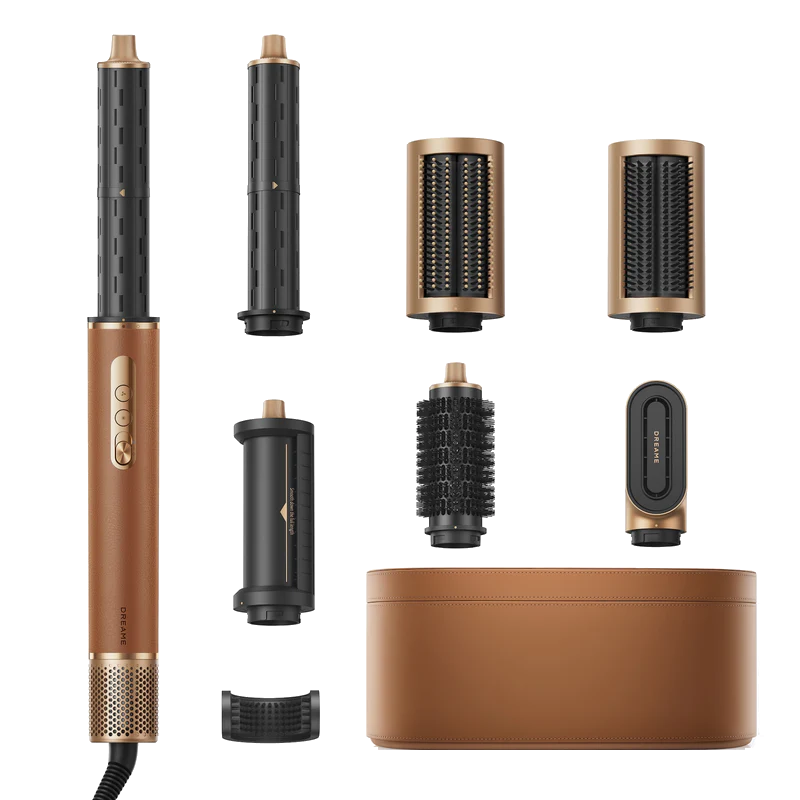 Set von Haarstyling-Tools, einschließlich eines braunen Griffs und mehrerer Aufsätze, auf schwarzem Grund.