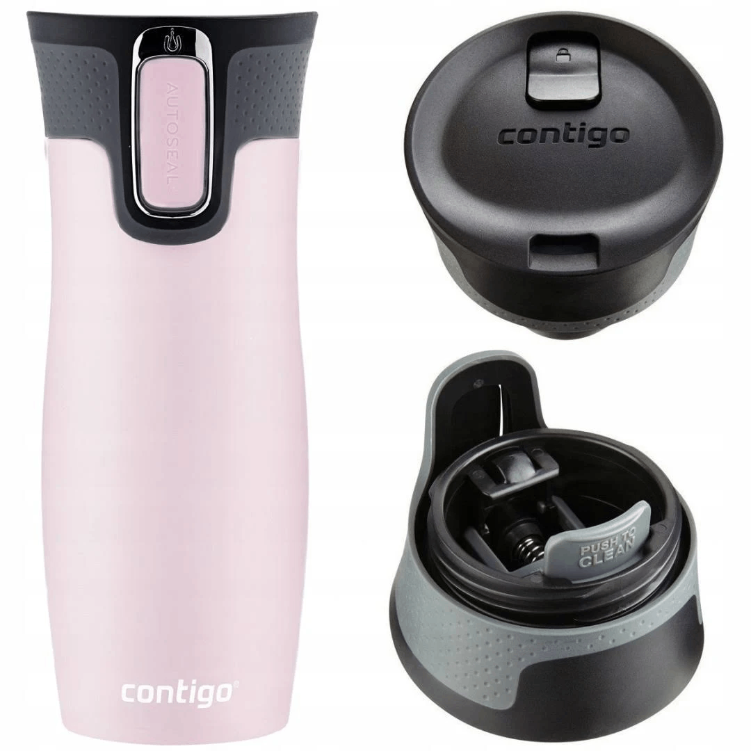 Taza de viaje Contigo rosa con tapa negra y varios componentes de la tapa.