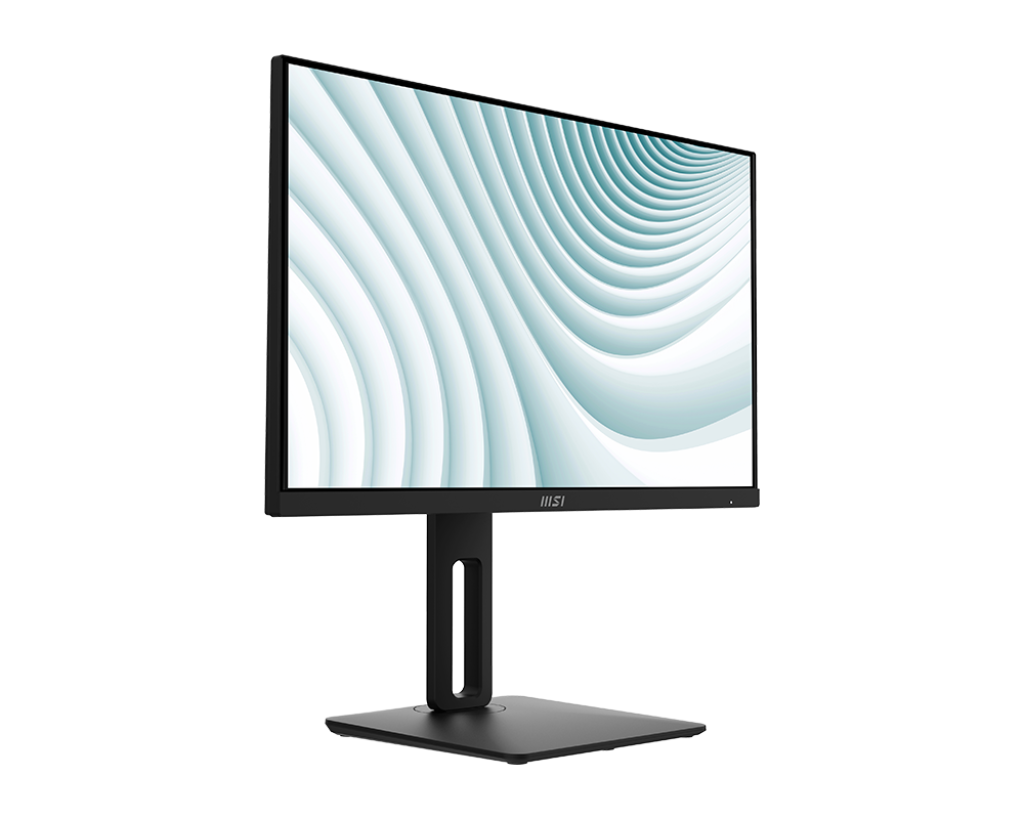 Un monitor MSI negro con un patrón de ondas blancas en la pantalla.