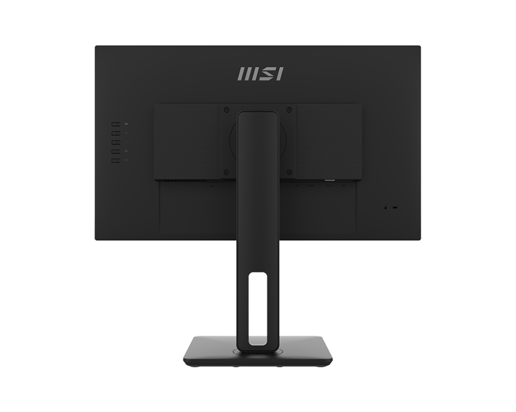Vista trasera de un monitor negro con el logotipo MSI y puertos.