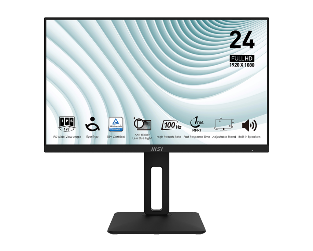 Monitor de ordenador negro, pantalla con líneas onduladas blancas y soporte.