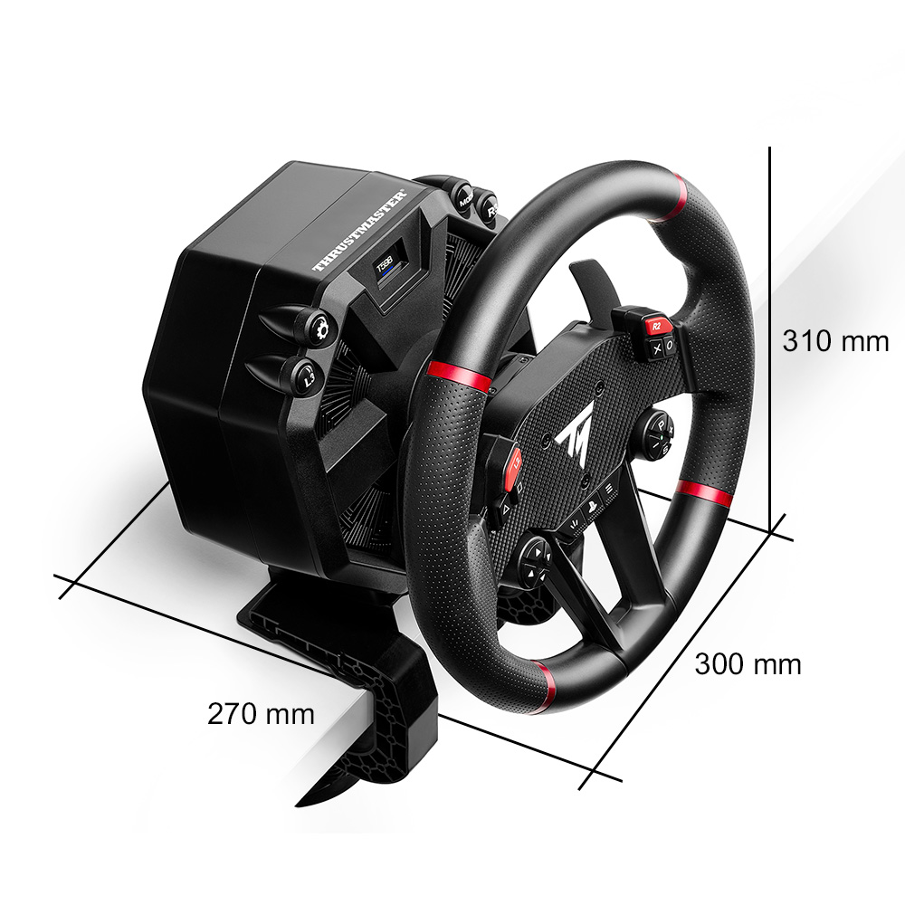 Un volante de carreras Thrustmaster con dimensiones etiquetadas. Es negro y rojo.