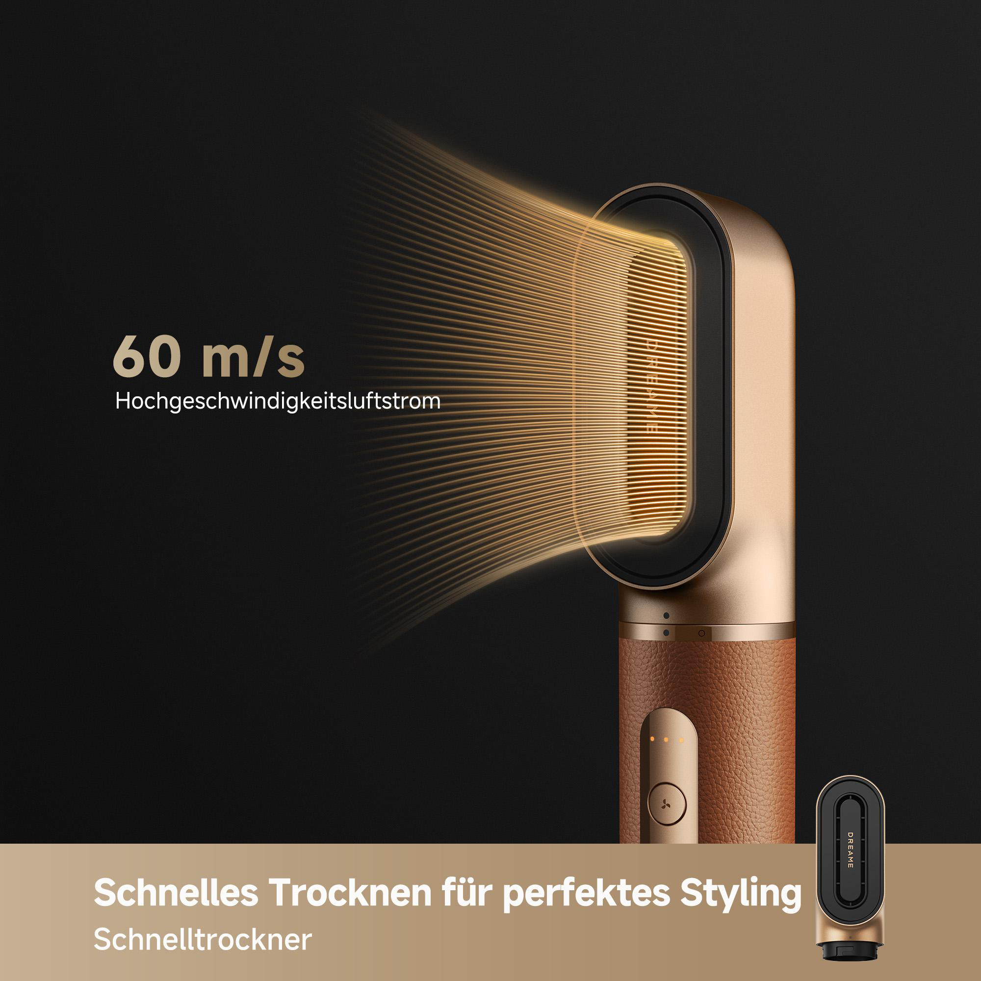 Ein gold-brauner Haartrockner wird gezeigt. Der Trockner hat Text auf der Seite, der 60 m/s lautet.