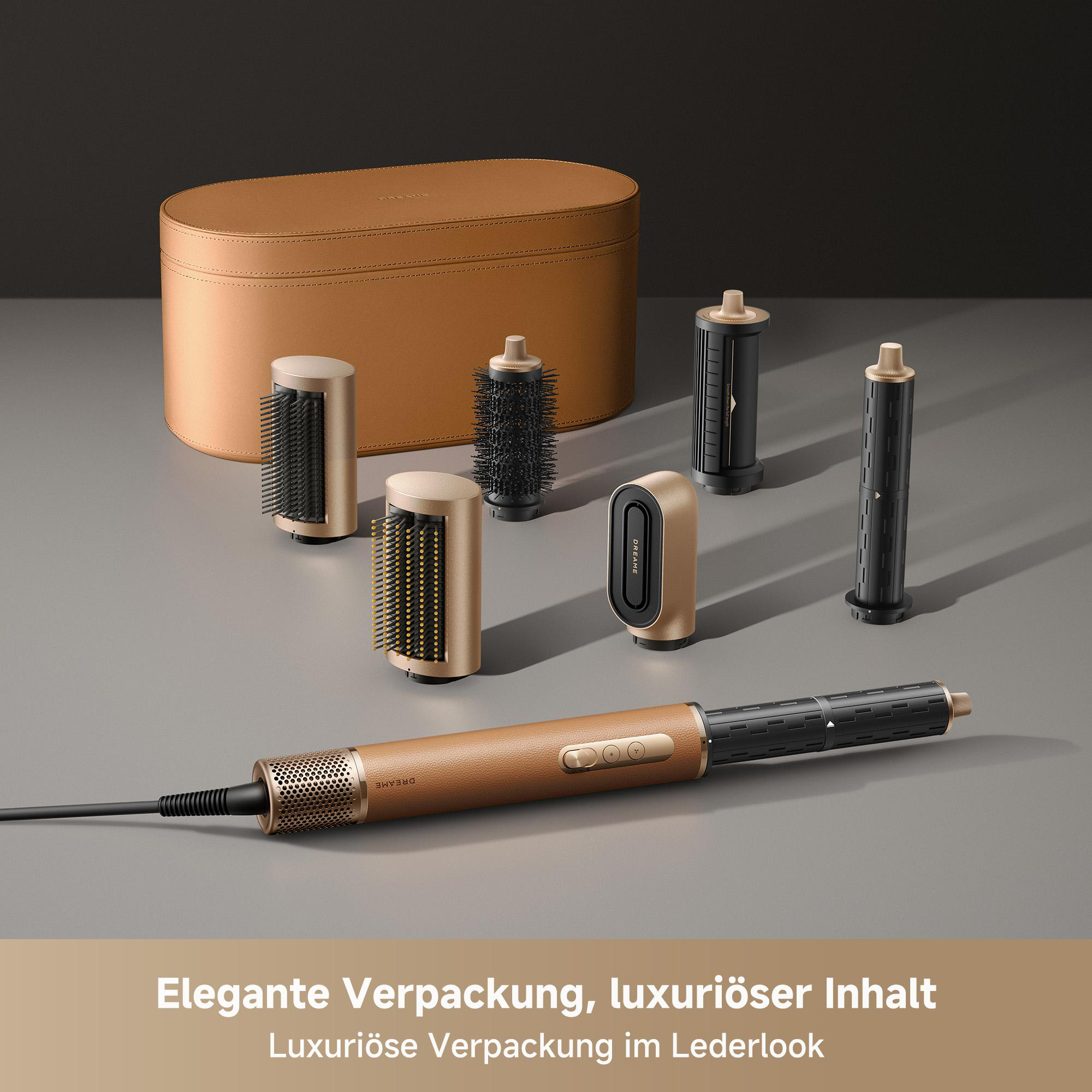 Ein Set von Haarstyling-Werkzeugen, einschließlich eines Trockners und verschiedener Aufsätze.