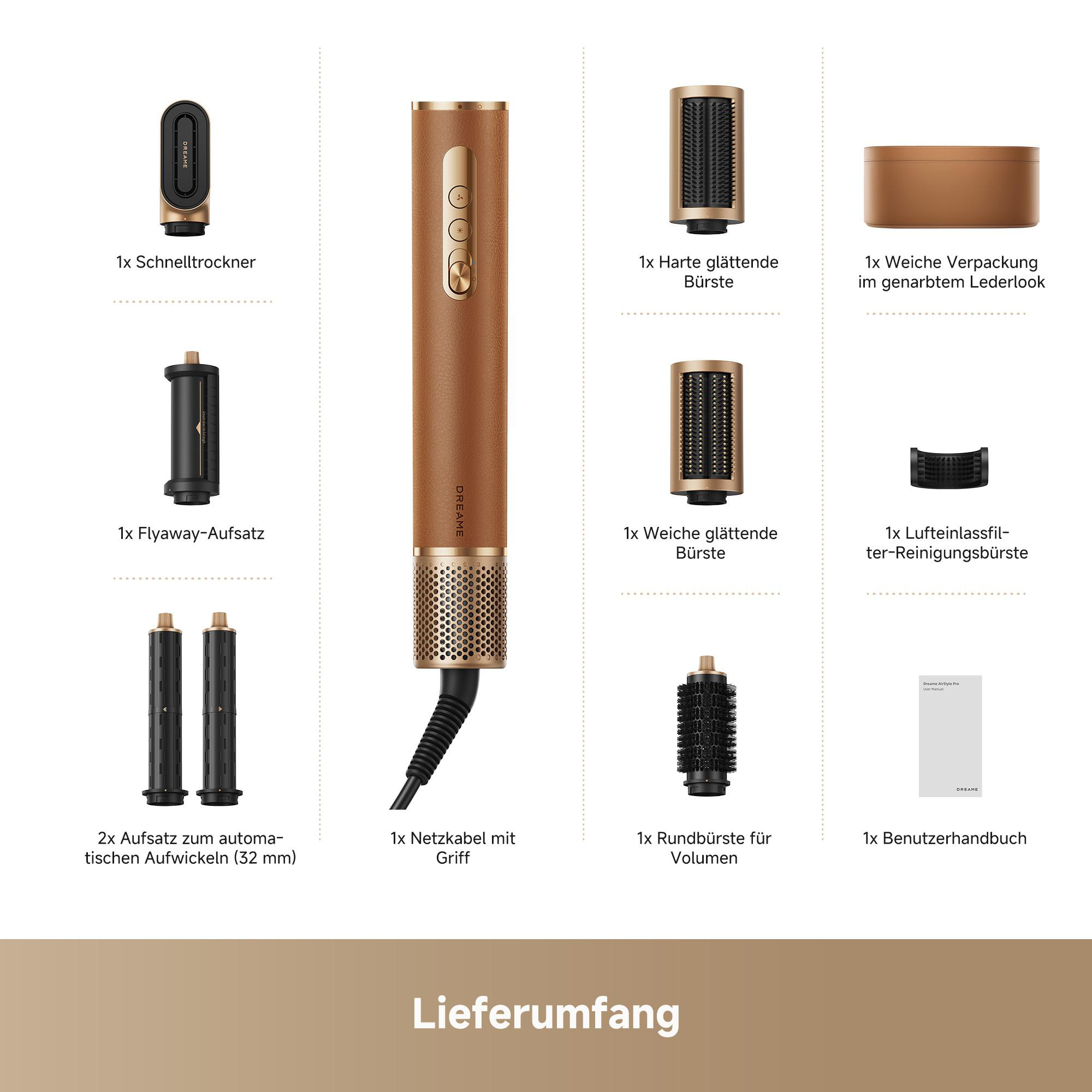 Haarstyling-Set mit Trockner, Aufsätzen und Zubehör auf weißem Hintergrund.