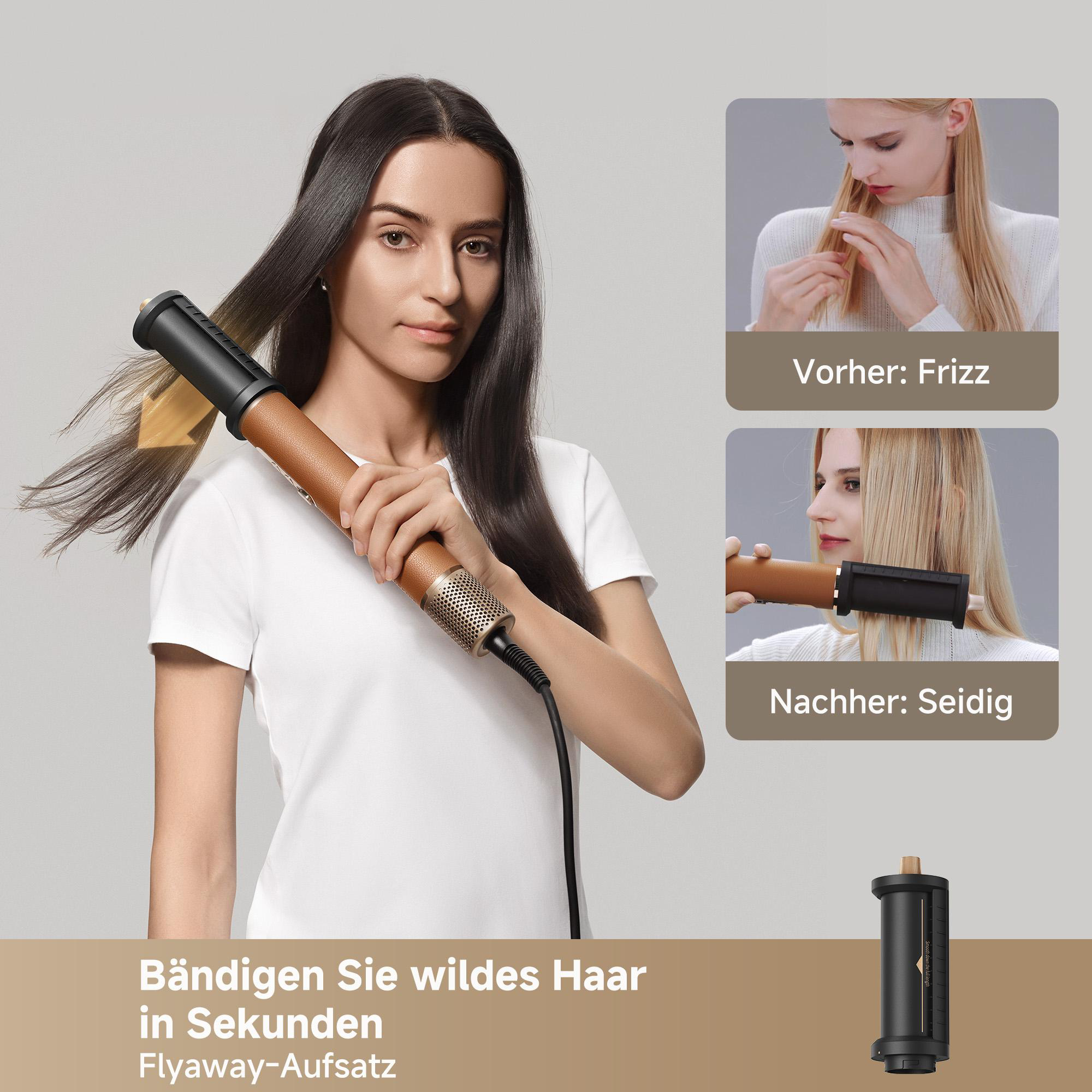 Eine Frau benutzt ein Haarstyling-Tool. Bilder zeigen Vorher-Nachher-Ergebnisse von glattem Haar.