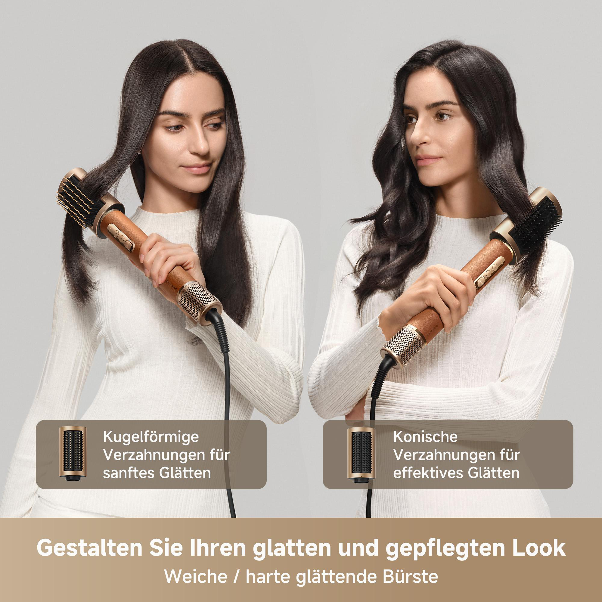 Zwei Frauen mit Haarstyling-Geräten. Text: Kugelformige Verzahnungen und Konische Verzahnungen.