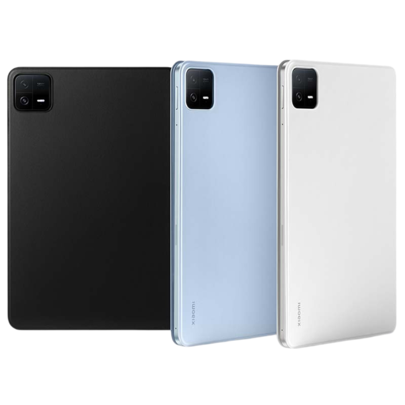 Tres tabletas en negro, azul y blanco, vista trasera.