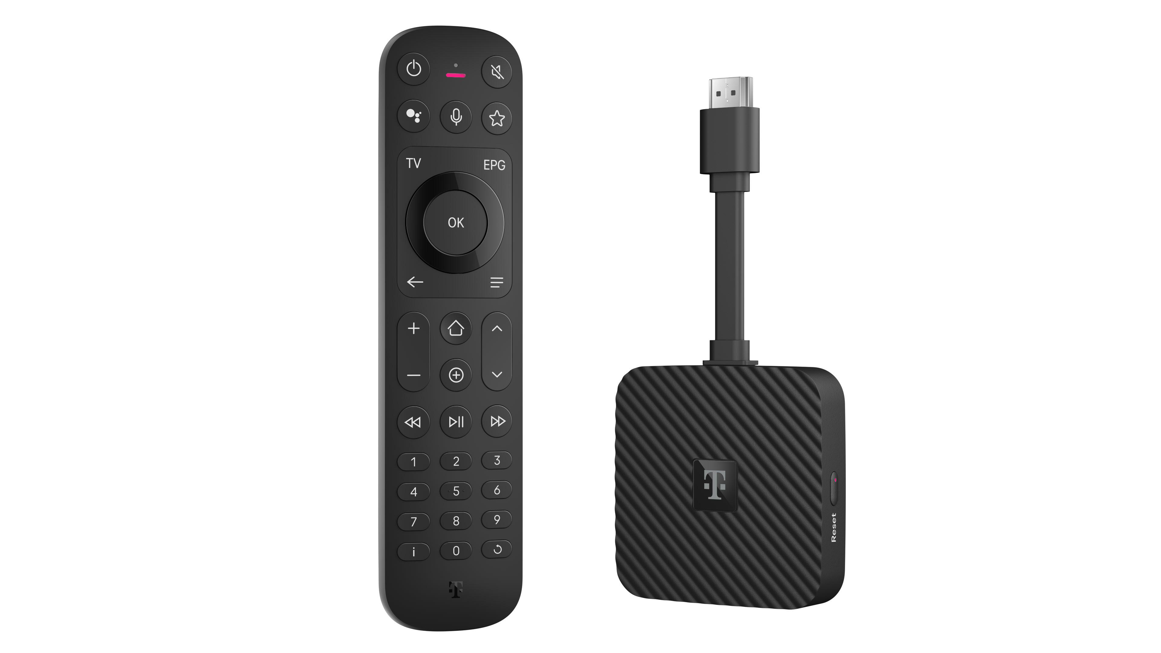 Schwarze T-Mobile TV-Fernbedienung und ein schwarzes TV-Streaming-Gerät mit HDMI-Kabel.