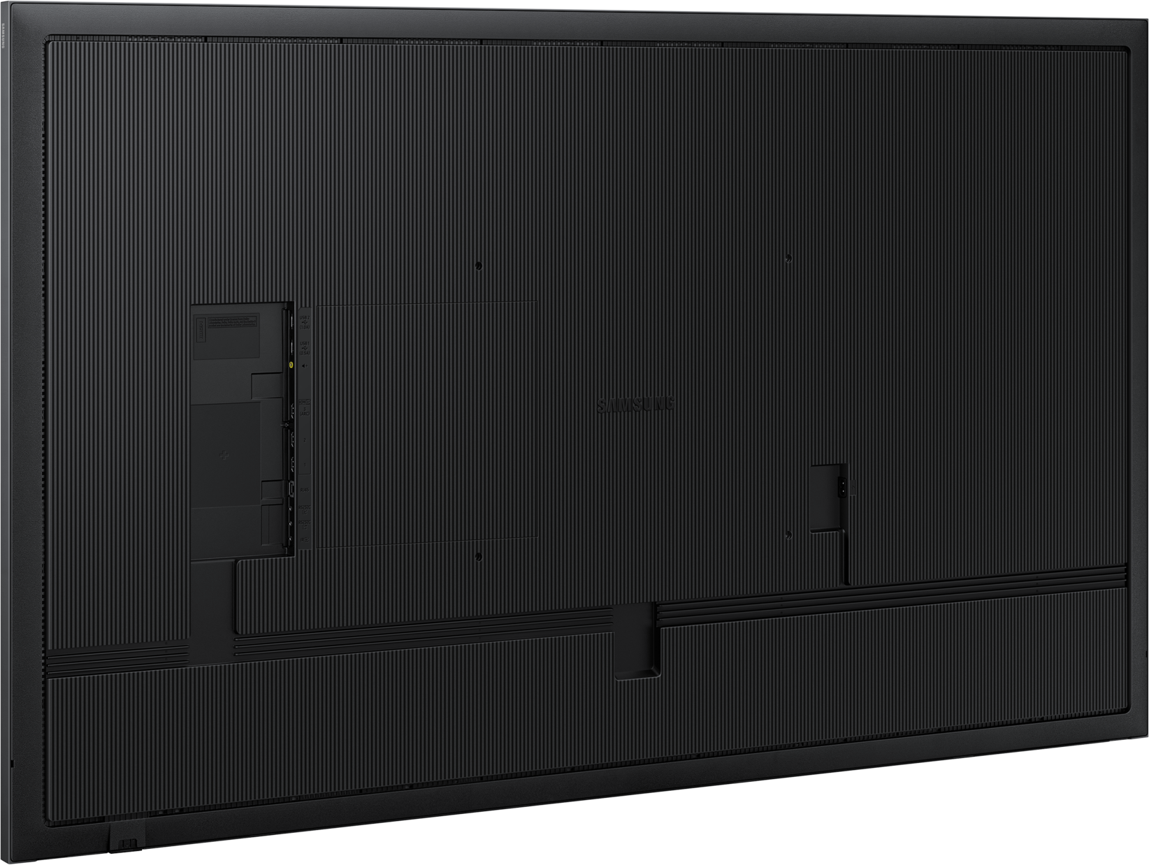 Die Rückseite eines großen, schwarzen Samsung-Fernsehers mit Anschlüssen und strukturierter Oberfläche.