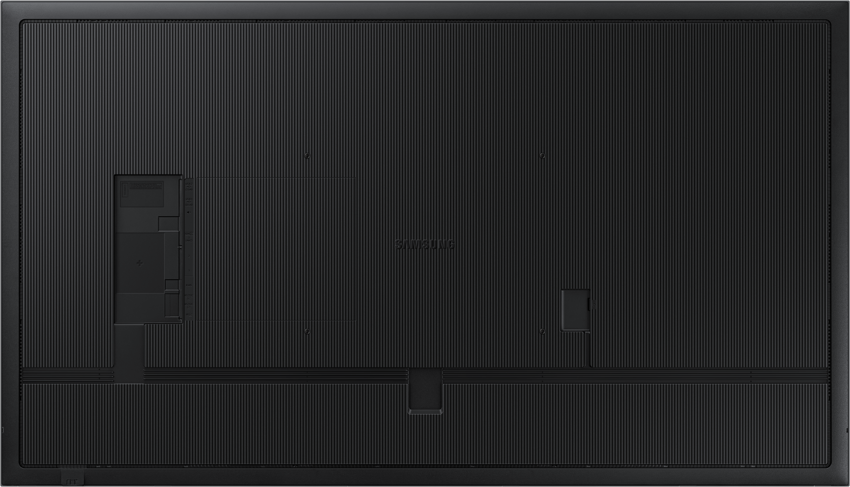 Schwarze, strukturierte Rückseite eines Fernsehers. Mit Samsung-Logo und Anschlüssen.