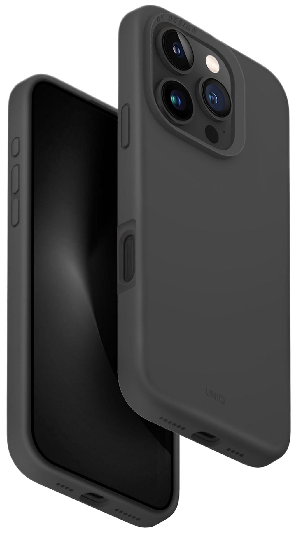 Czarny telefon z czarnym etui. Telefon ma kamery. Białe tło.