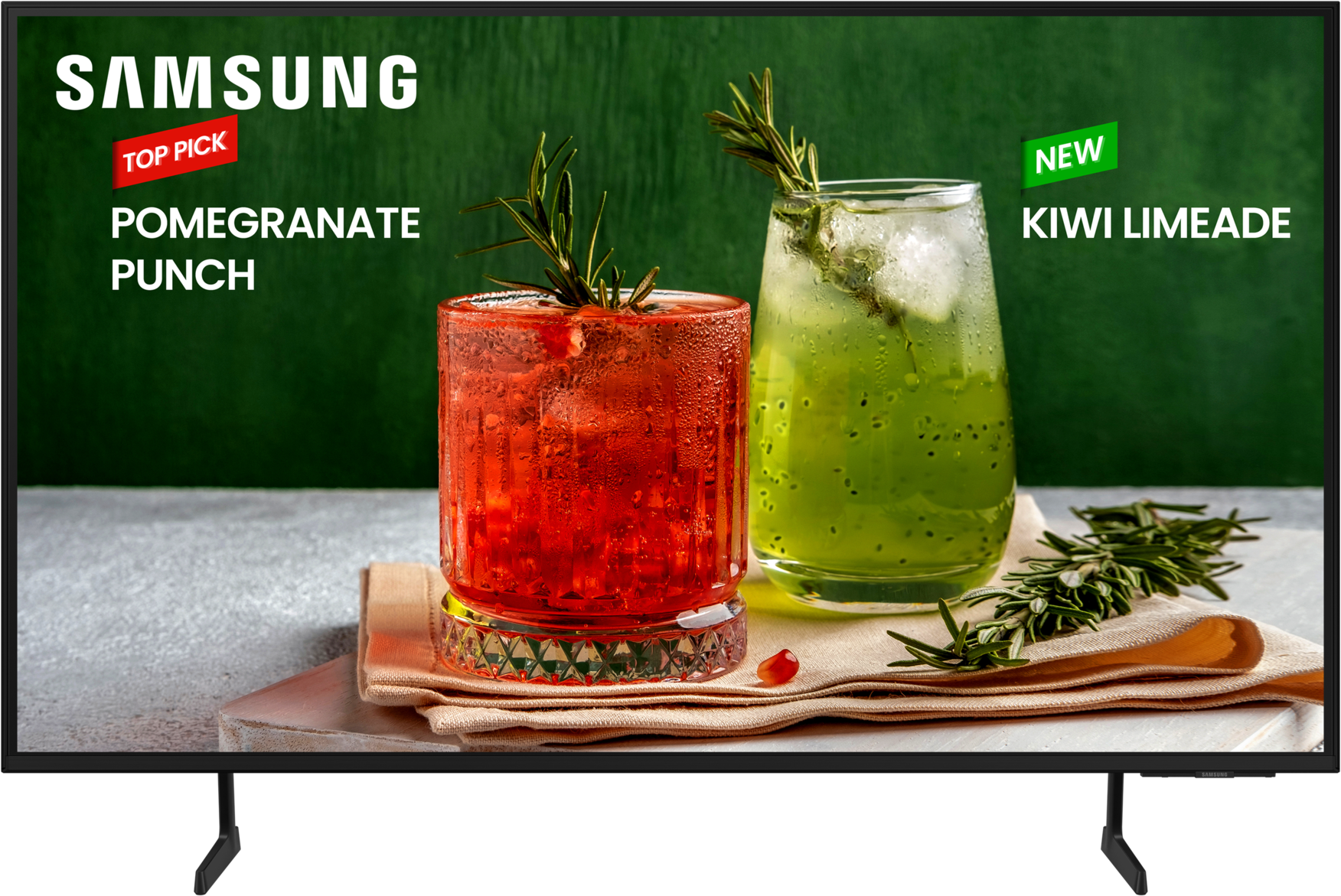Ein Samsung-Fernseher zeigt zwei Cocktails: Pomegranate Punch und Kiwi Limeade, mit Garnierungen und Text.