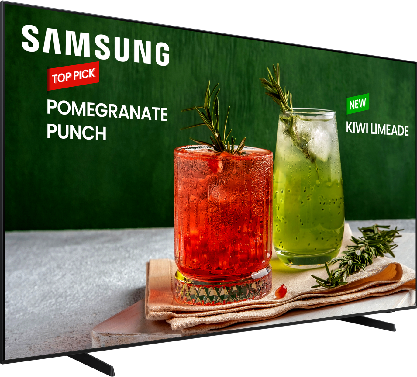 Ein Flachbildfernseher mit einer Cocktailwerbung: rote und grüne Getränke mit Garnierungen.