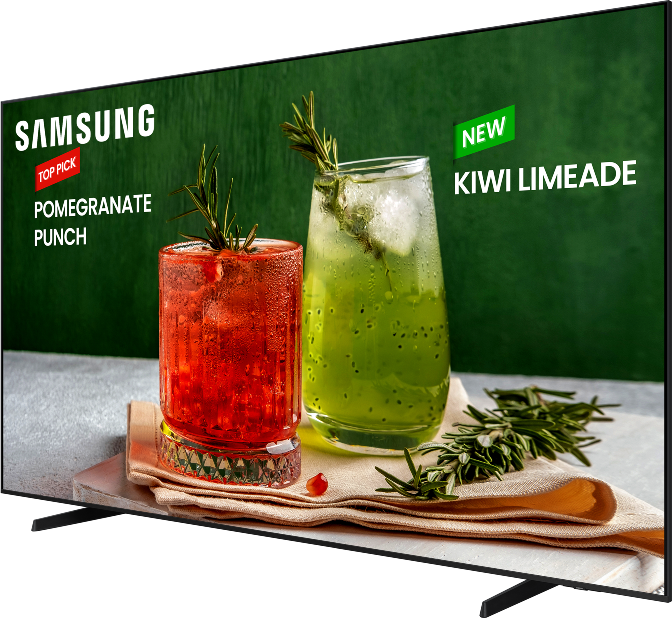 Ein Fernseher zeigt Cocktails: einen roten Granatapfel-Punsch und eine grüne Kiwi-Limonade.