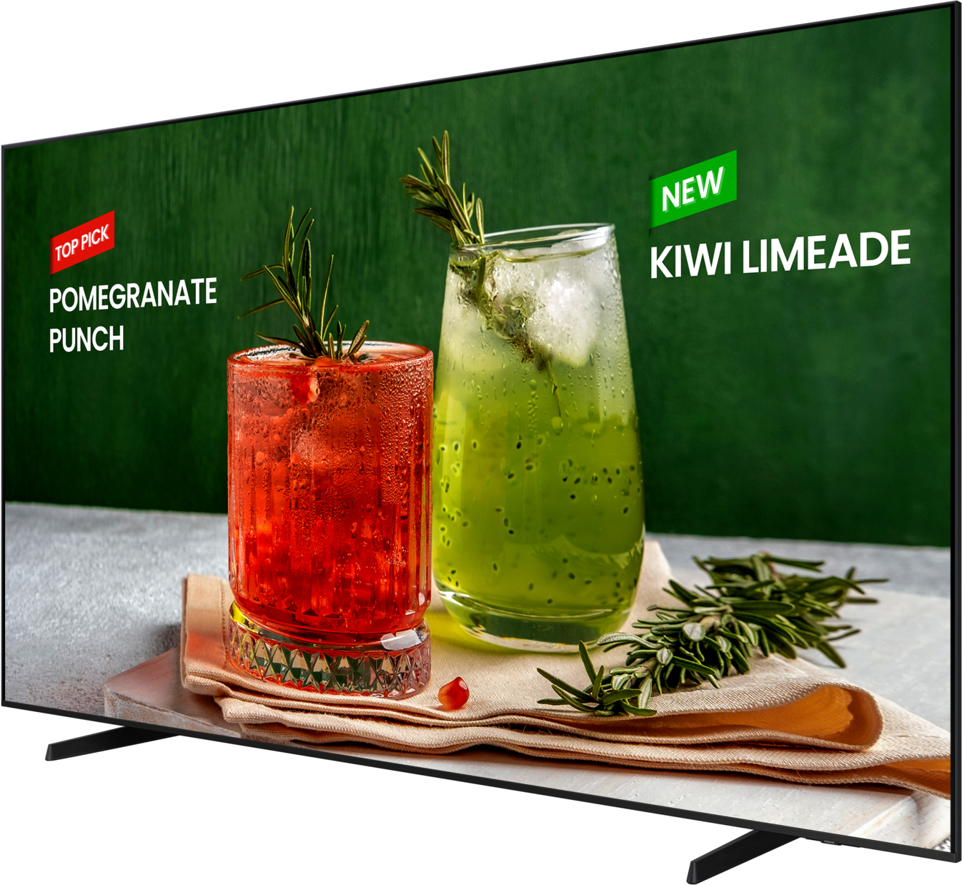 Zwei Cocktails auf einem Bildschirm: einer rot, einer grün, mit Rosmaringarnitur. Grüner Hintergrund.