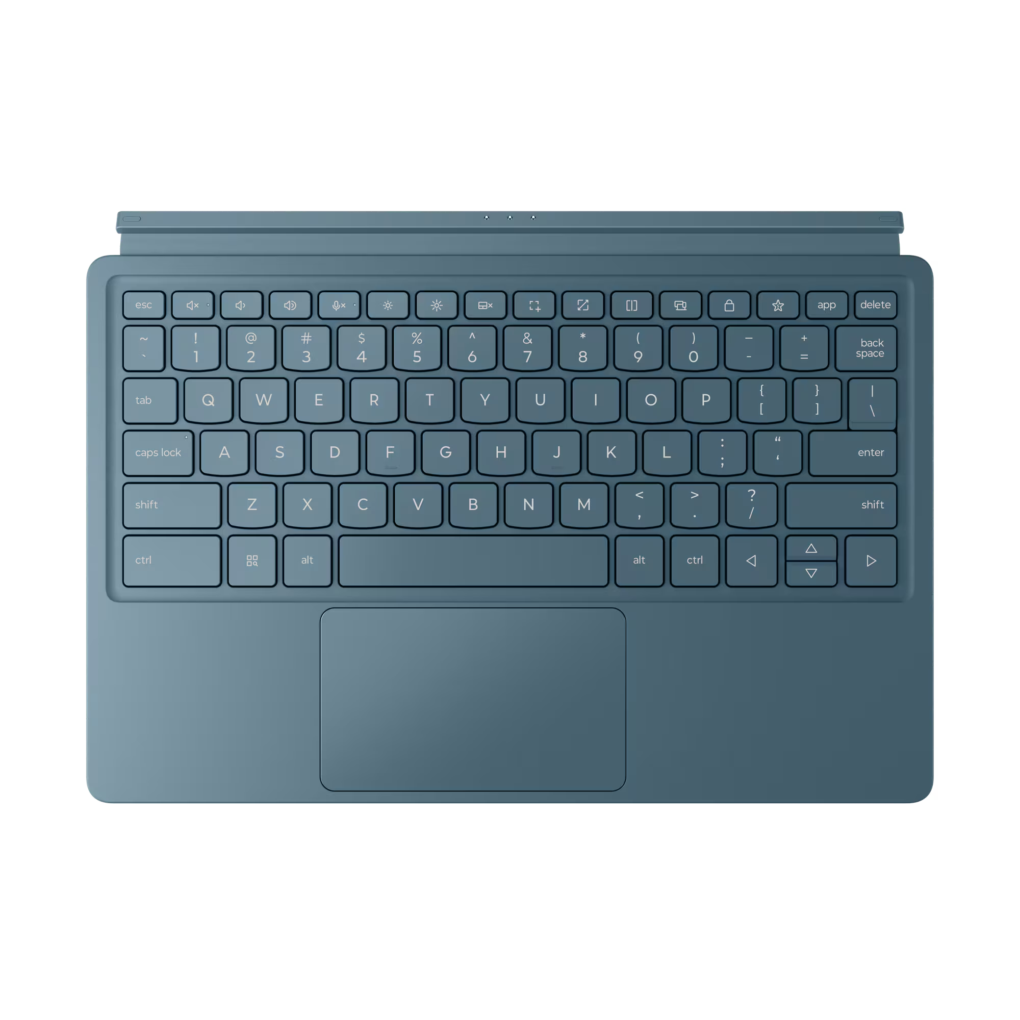 Un teclado turquesa con panel táctil, con teclas y diseño estándar.
