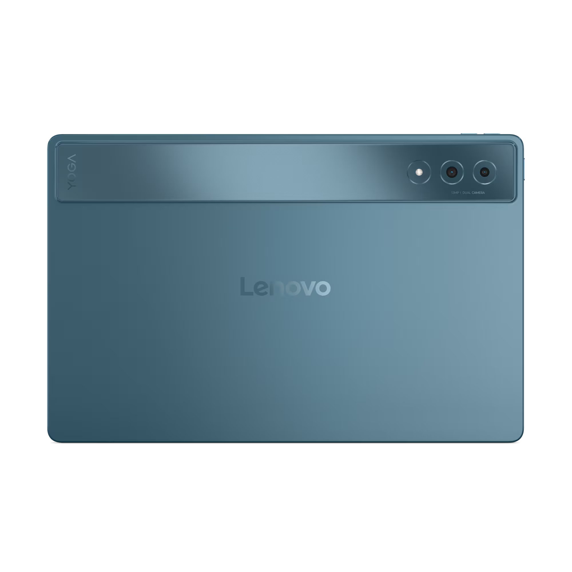 Una tableta Lenovo azul, vista desde atrás. La palabra Lenovo está detrás.