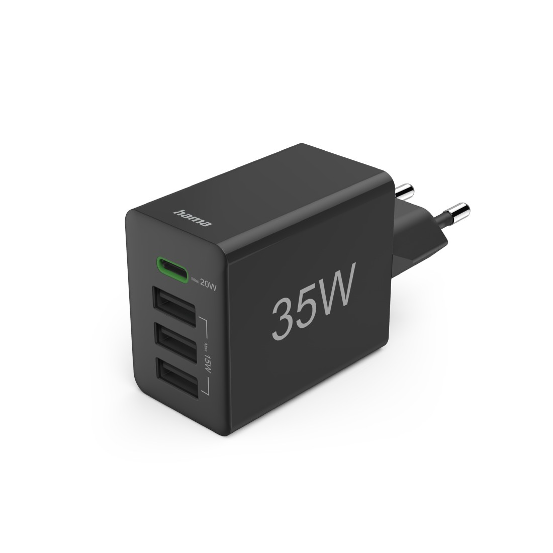 Schwarzes Ladegerät mit drei USB-Anschlüssen und Stecker. Liest '35W' und 'Max 20W'.