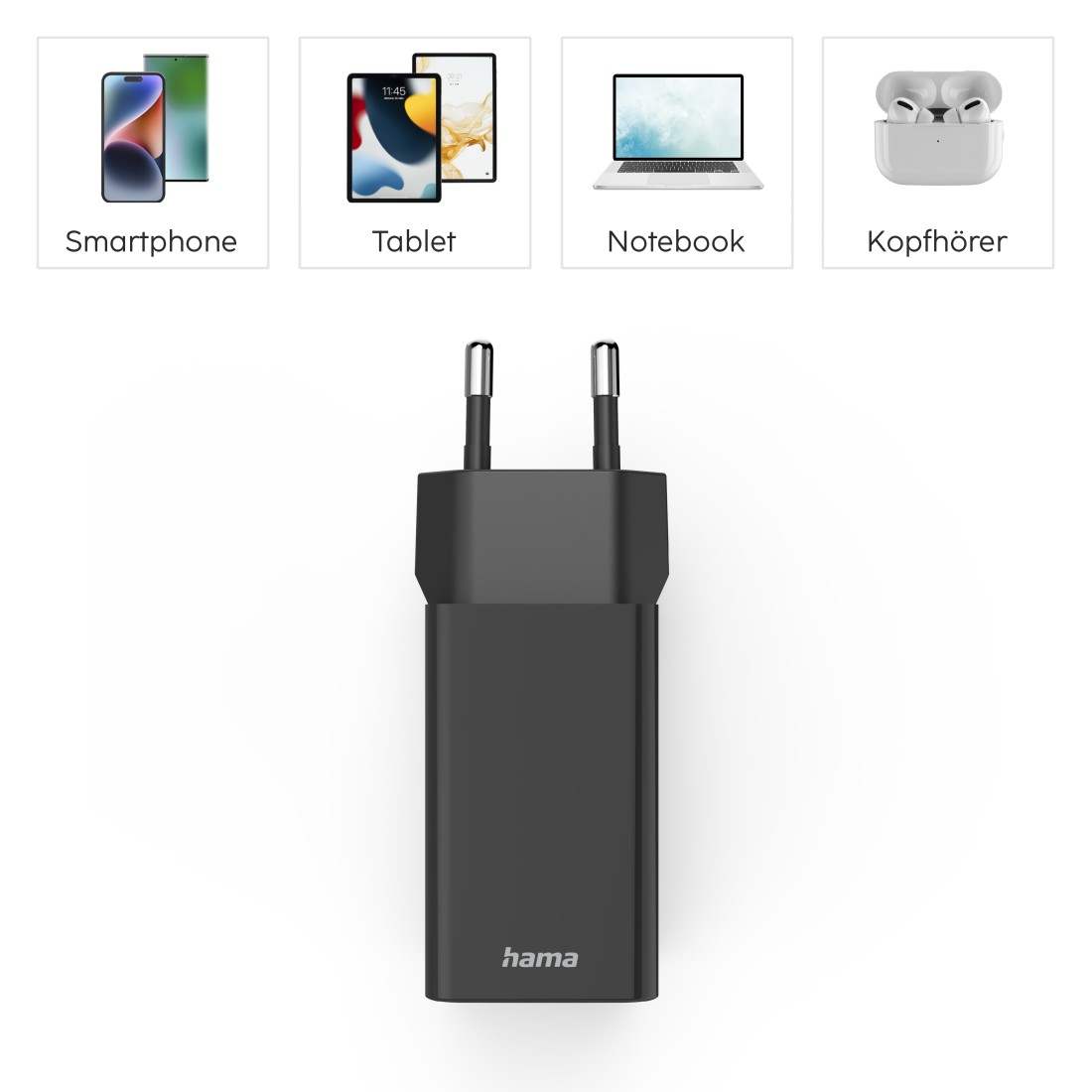 Schwarzes Hama-Ladegerät mit Gerätesymbolen: Smartphone, Tablet, Notebook, Kopfhörer.
