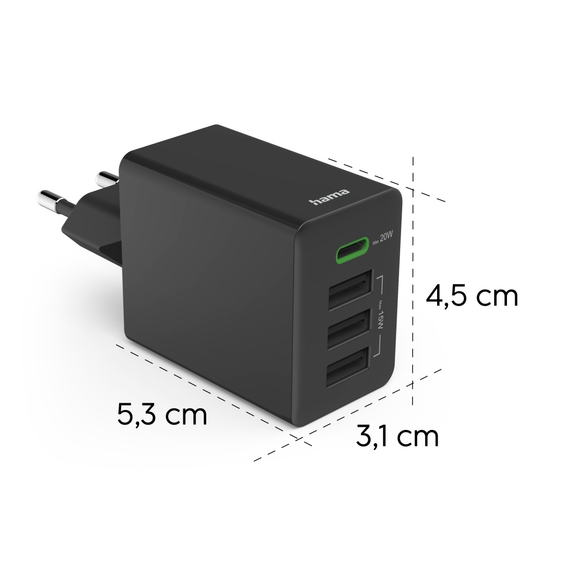 Schwarzes Hama USB-Ladegerät mit drei Anschlüssen und einem US-Stecker.