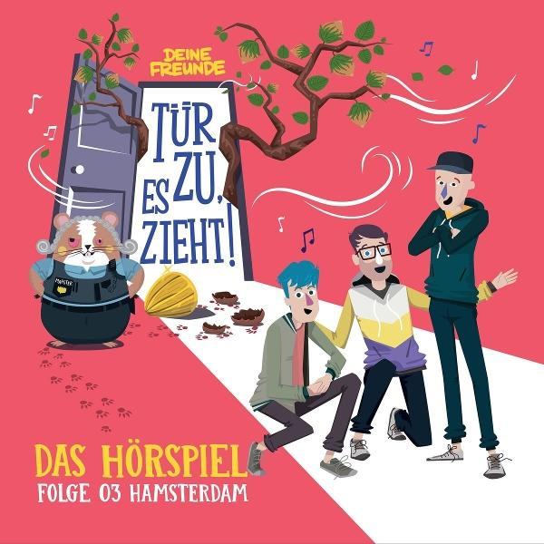 Cartoonbild eines Hamsters in blauem Outfit, neben einer Tür, mit deutschem Text und Noten.