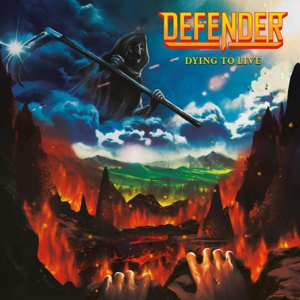 Albumcover mit einem Sensenmann, der eine Sense über einer feurigen Landschaft hält.