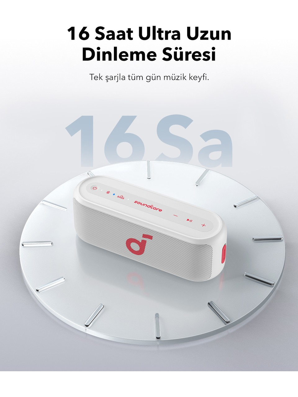 Saat kadranında beyaz ve kırmızı Soundcore hoparlör, üzerinde '16 Sa' yazısı.